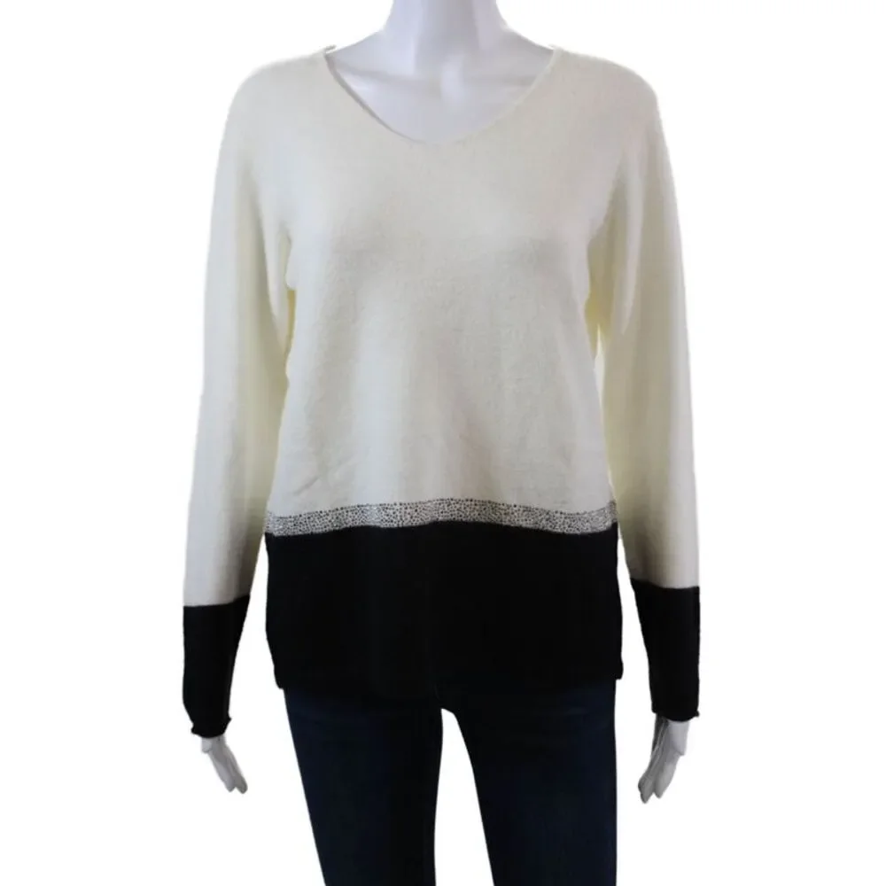 Renuar Womens Colorblock V-Neck Rhinestone Detailed Sweater White Size S